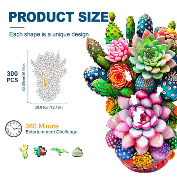 Wooden Jigsaw Puzzles for mature-themeds and Kids Cactus Flower 300 Piece Unique Shaped Puzzle Family Game and Creative Wooden Puzzle Gift Wall Art Decor