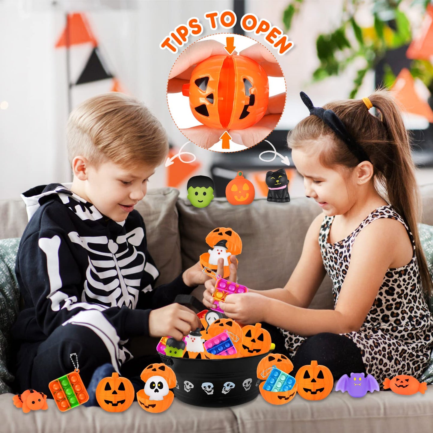 48 Halloween Toys Pack with Pumpkin Box, Halloween Party Favors Gifts for Kids, Halloween Goodie Bag Stuffers with Bubble Push i