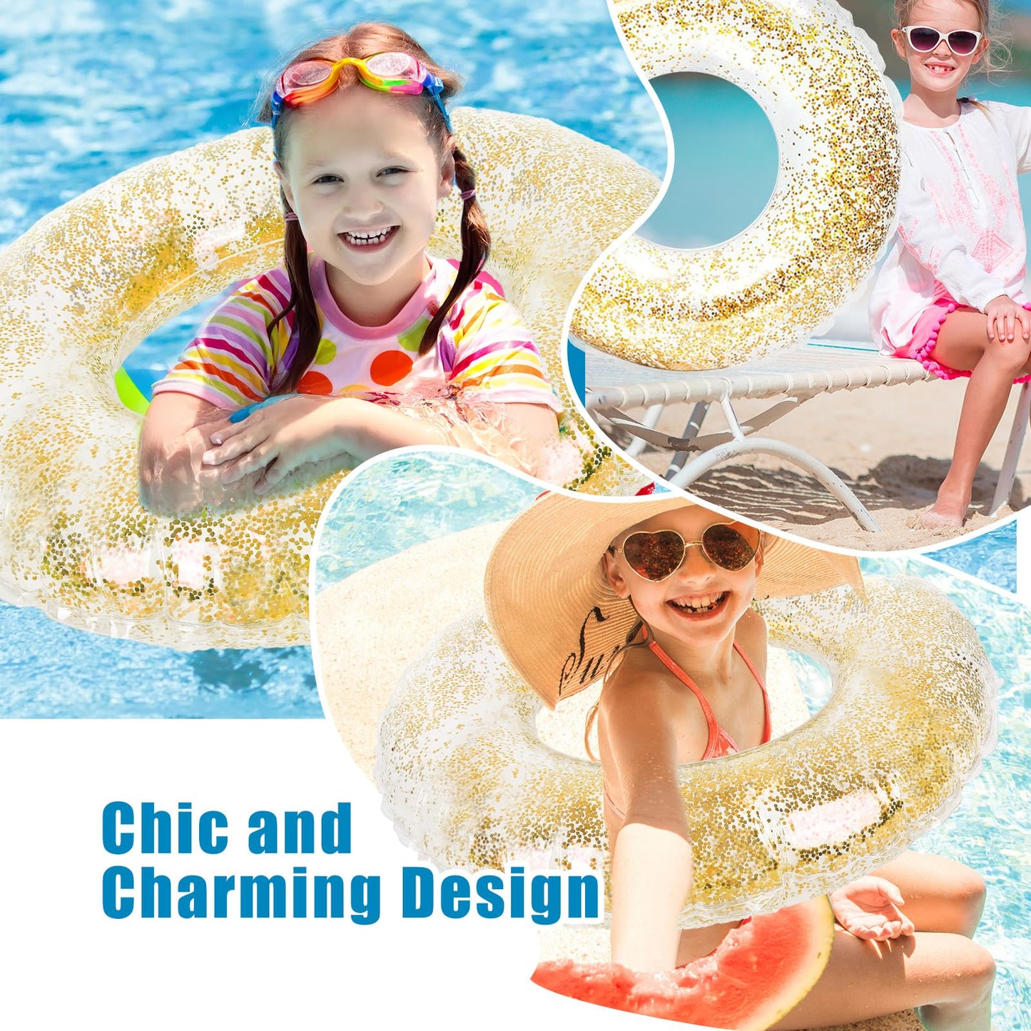 Whaline 4Pcs Inflatable Pool Floats Toys Clear Swim Tubes Rings Glitter Gold Pool Tube For Boys Girls Outdoor Summer Swimming Po