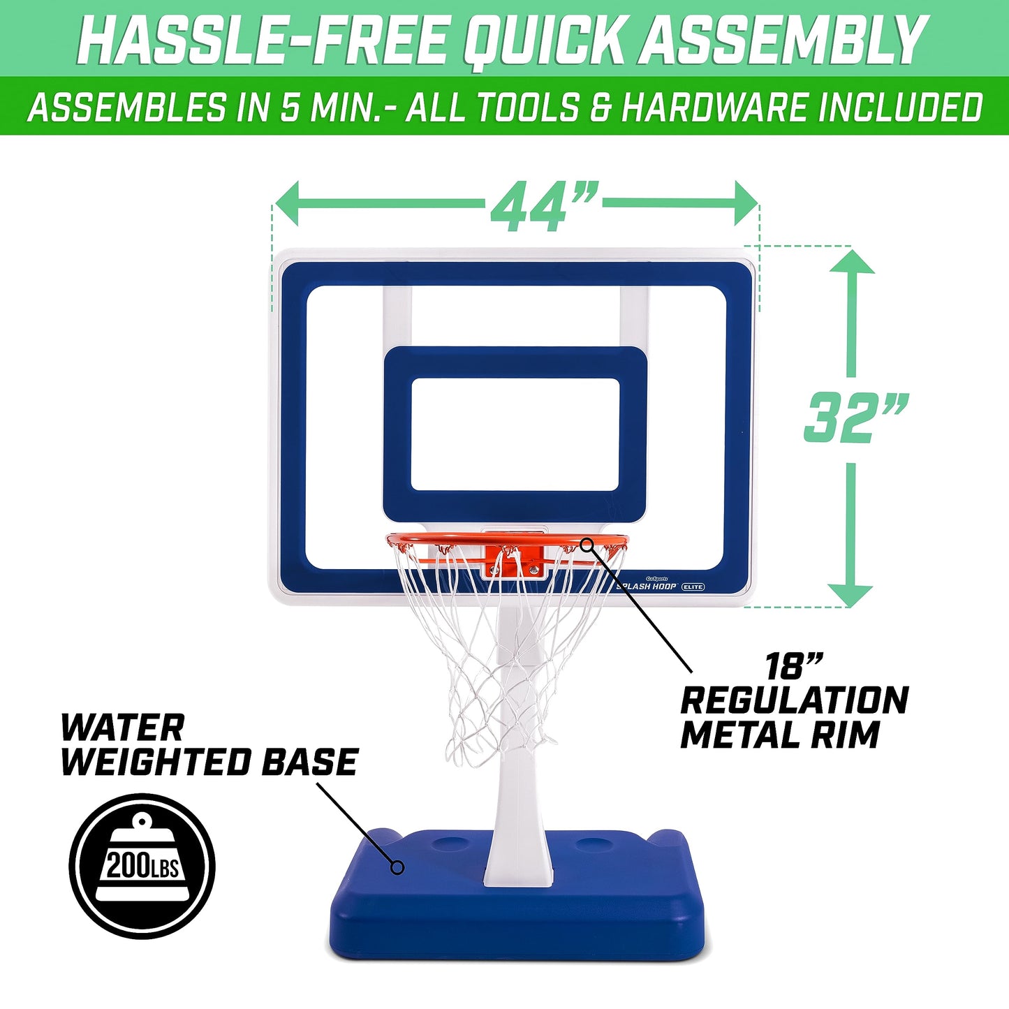 GoSports Splash Hoop Elite Basketball Game - Adjustable Height, Alloy Steel, Blue, Model BB-SPLASHHOOP-ELITE-BLUE, 2 Pool Basketballs