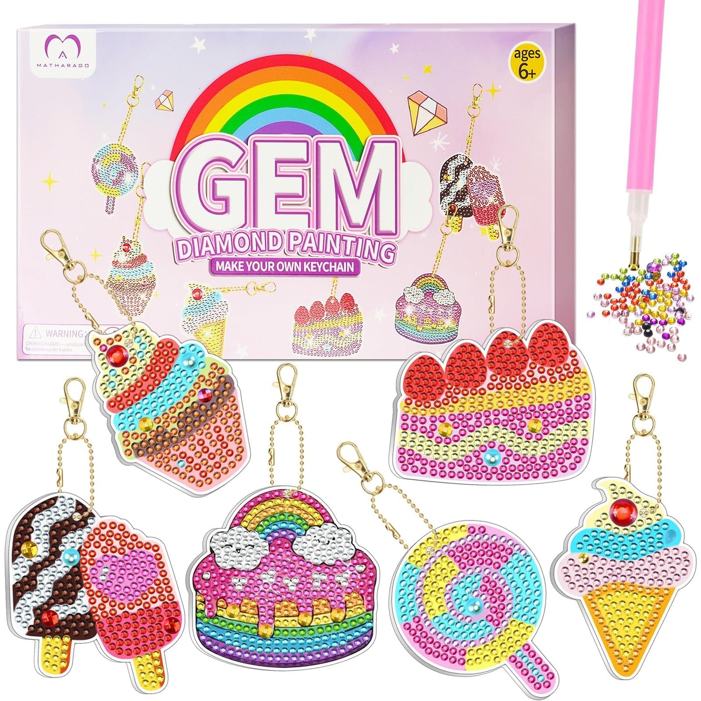 Matharago Diamond Art For Kids 6 Pcs Diy Diamond Painting Girls Keyrings Set, Painting By Number Gem Keychains Craft Kits For Ki