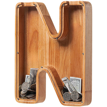 Piggy Bank For Kids Boys Girls, Large Personalized Wooden Letter Piggy Bank With Cut-Out Design, Alphabet Letter Coin Banks, Money Savings Box, Wooden Bank For Kids Creative Gift For Real-Money(N)