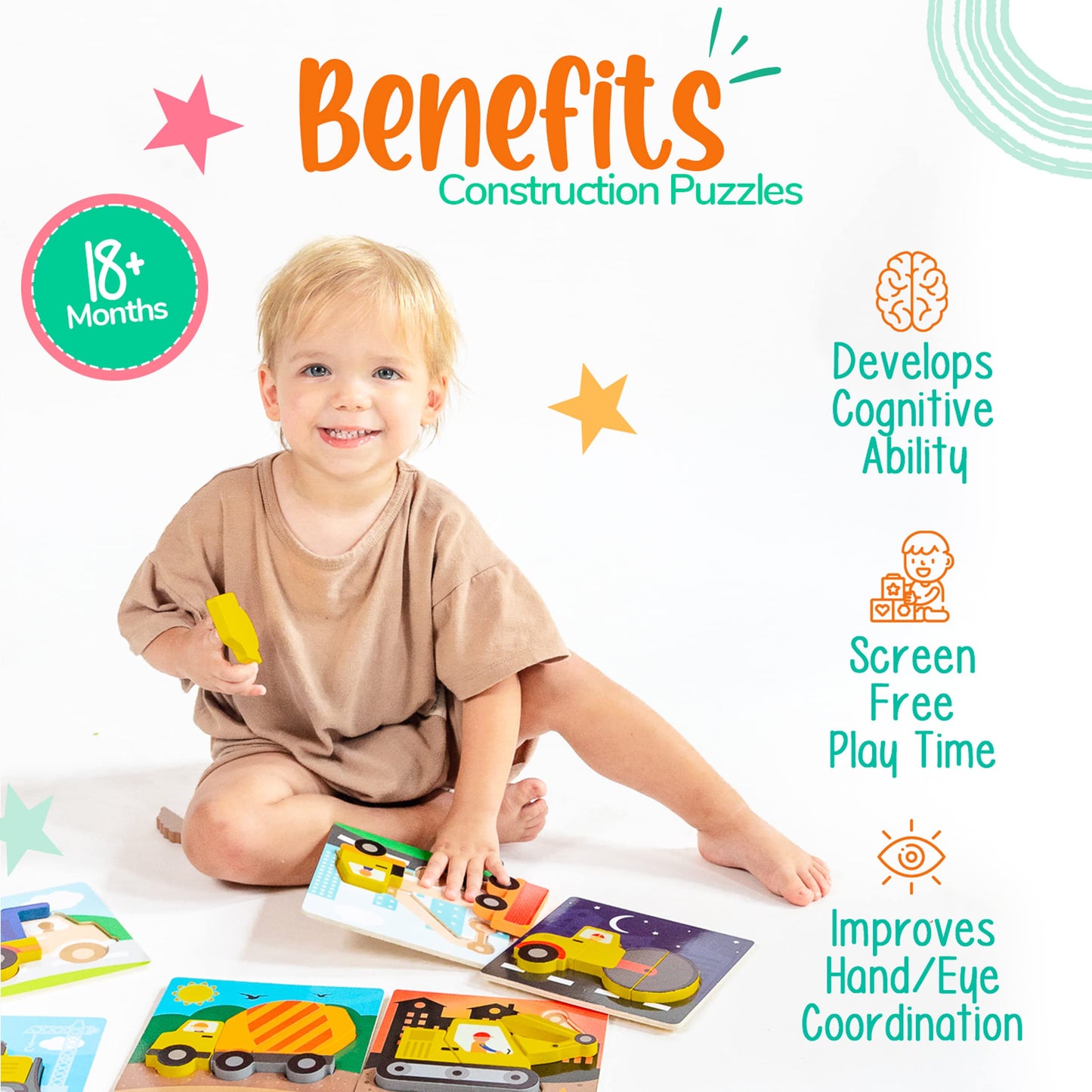 Klevly 6 Pk Construction Wooden Toddler Puzzles Ages 2-4 | Wooden Puzzles For Toddlers 1-3 | Montessori Toys For 2 Year Old | Le