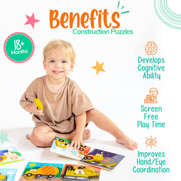 Klevly 6 Pk Construction Wooden Toddler Puzzles Ages 2-4 | Wooden Puzzles For Toddlers 1-3 | Montessori Toys For 2 Year Old | Le