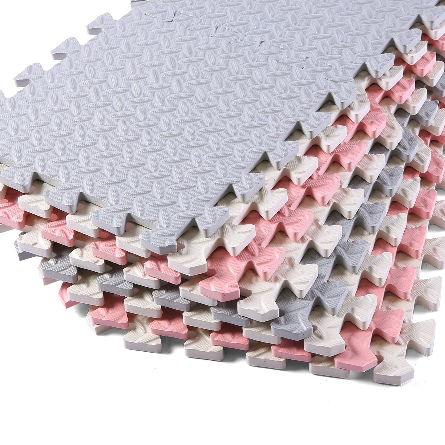Tamiplay Foam Floor Mats For Kids, 12 X 12 Inch 16 Tiles 0.4' Thickness Foam Play Mat, Non-Toxic Square Interlocking Floor Mats Rubber Baby Play Mat For Toddlers(White/Gray/Lori Pink)
