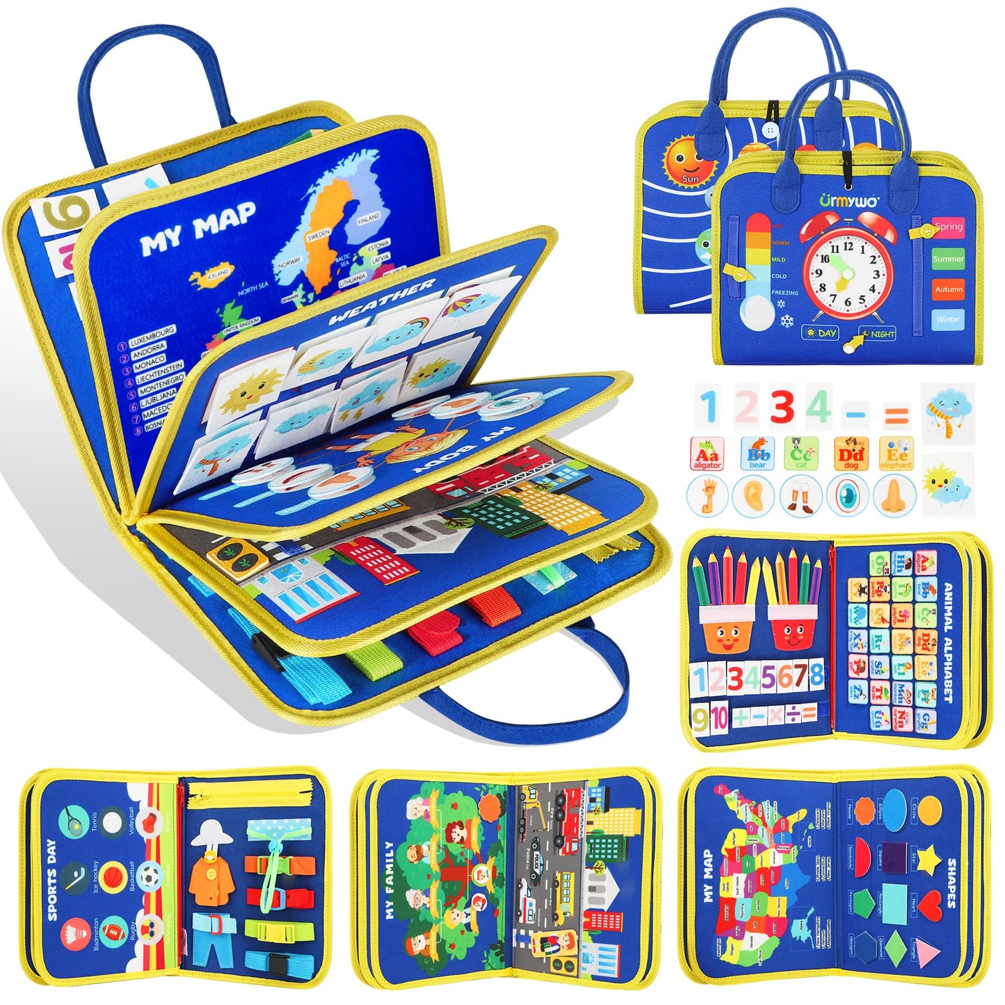 Urmywo Busy Board - Montessori Toys For 1 2 3 4 Year Old, Busy Book Toddler Activities With Fine Motor Skills, Autism Sensory Toys Gifts For Boys Girls, Travel Toys For Road Trip Plane Car