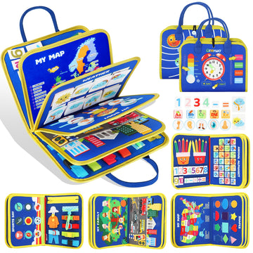 URMYWO Busy Board - Montessori Activity Toy for Toddlers 1-4 Years, Fine Motor Skills, Autism Sensory Play, Travel Friendly, Blue, Medium Size