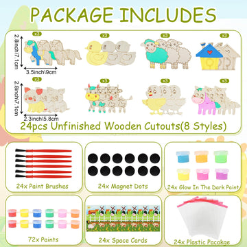 LARDUX Farm Animal Party Favors, 24PCS DIY Wooden Arts & Crafts Painting Kit for Kids Ages 4-8 8-12, Glow in The Dark Party Favo