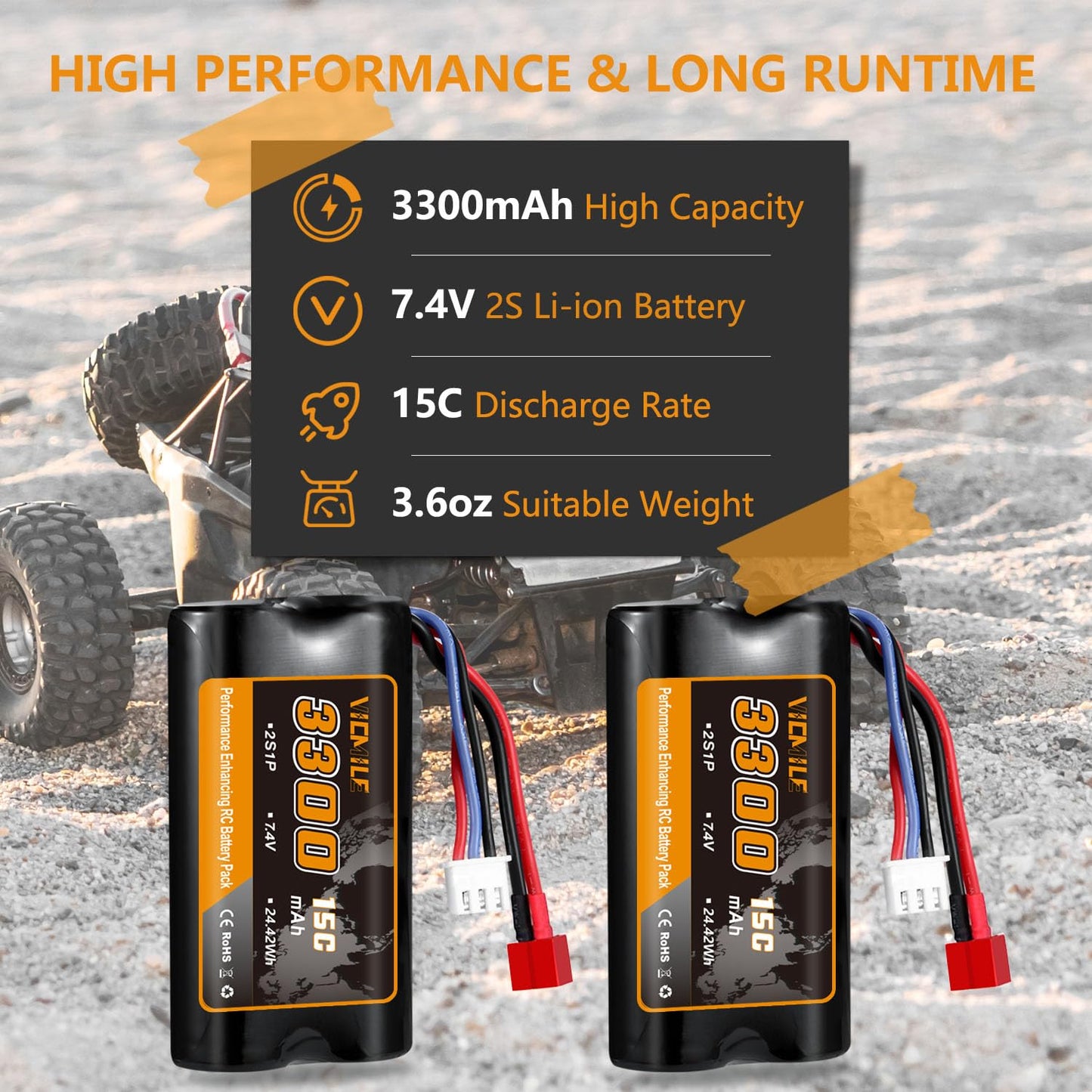 VICMILE 7.4V Li-ion Battery 3300mAh High Capacity RC Battery with Deans T Plug 2S Rechargeable Battery with 1 to 2 USB Charger F