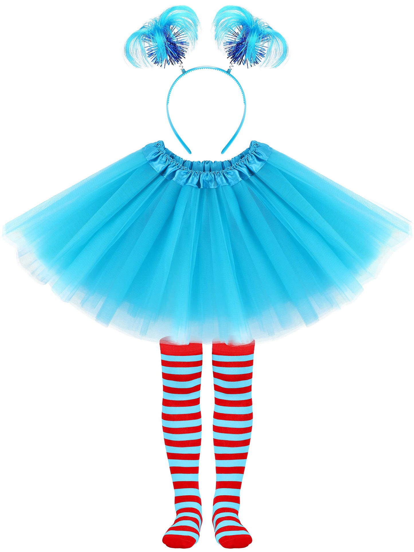 SOMSOC 3 Pieces Tulle Tutu Costume Set Tutus Skirts Feathers Ponytail Headband High Stocking for Halloween Cosplay