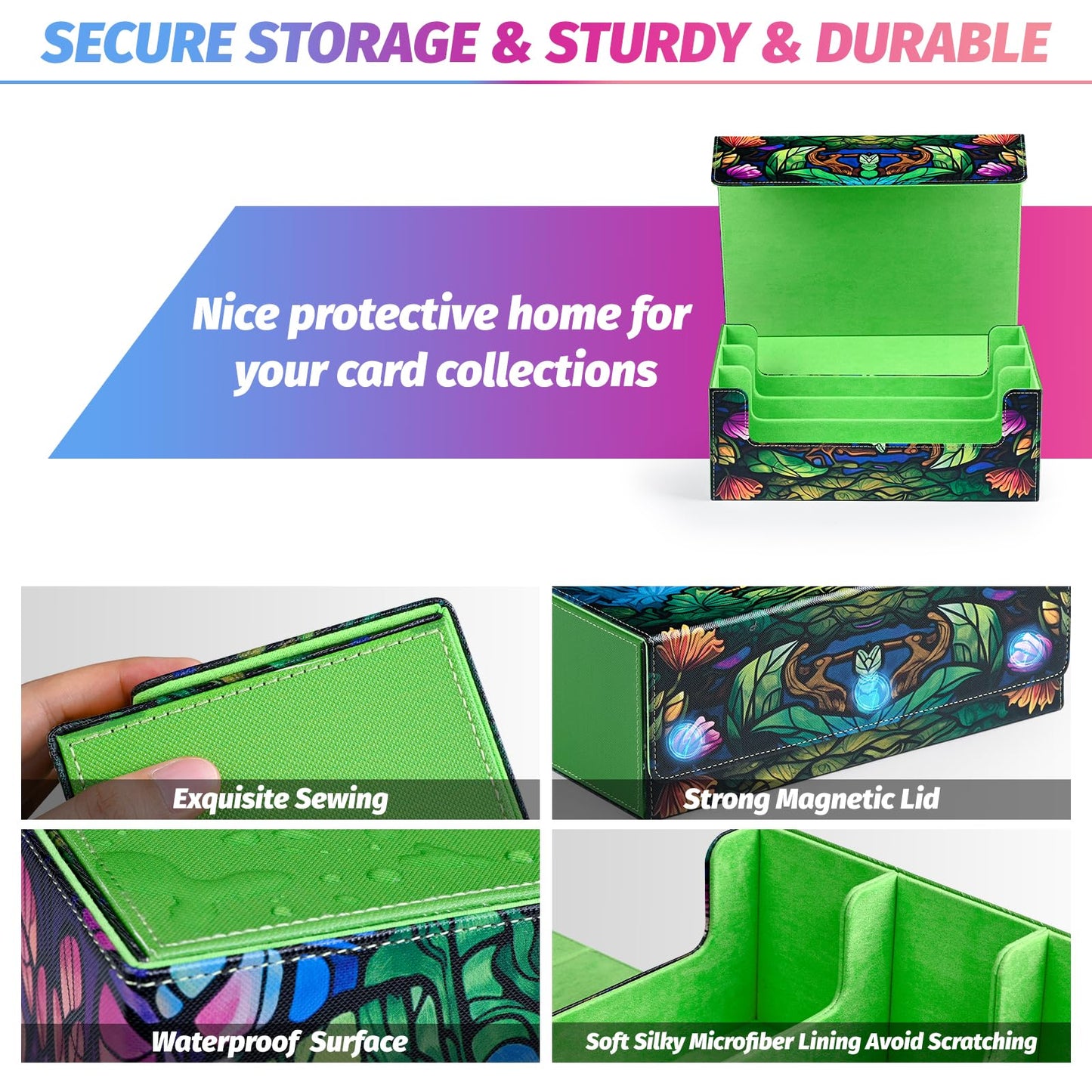 Uaono Card Storage Box For Mtg, Trading Card Deck Box Holds 1800+ With 6 Dividers, Leather Printing Magnetic Closure Card Storage Case Fits Tcg Ccg Sports Cards (Green, Tree)