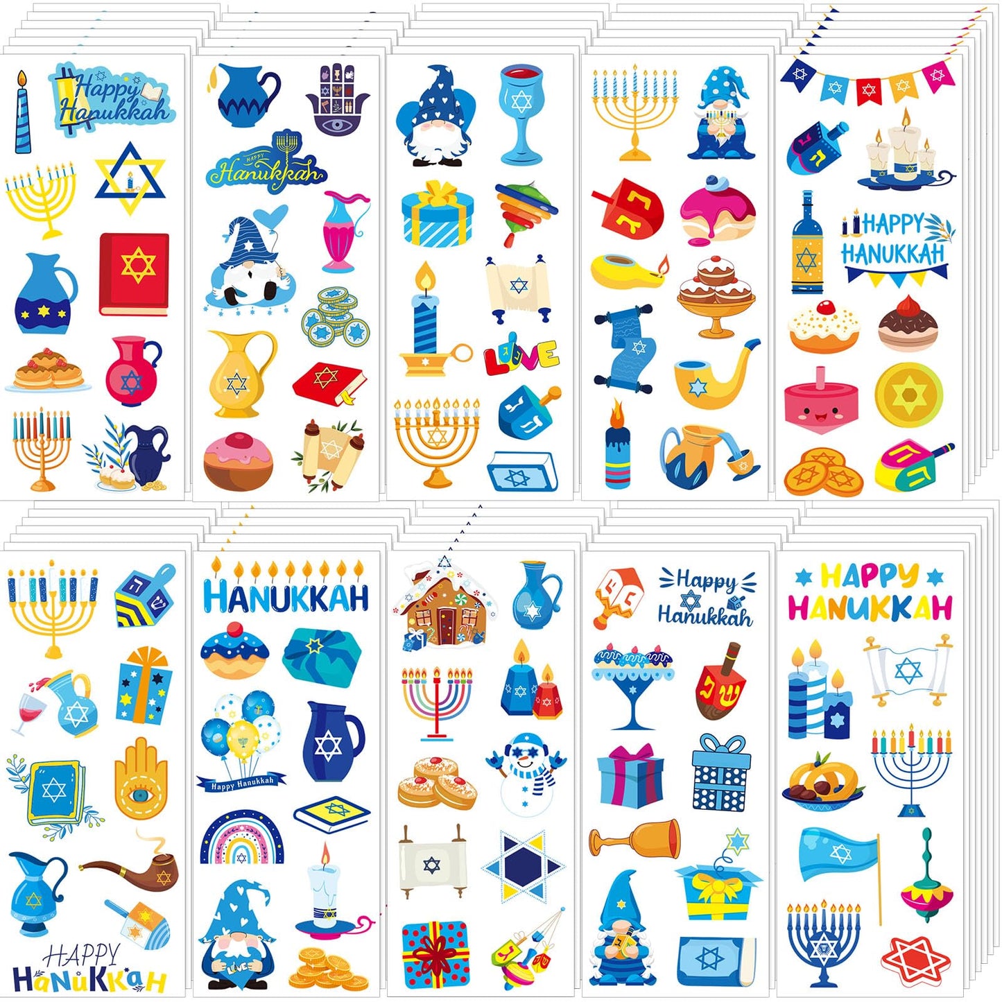 FEBSNOW Hanukkah Stickers,100 Sheets Happy Hanukkah Stickers for Kids Over 1000pcs Assorted Dreidels Menorah Candles Chanukah St
