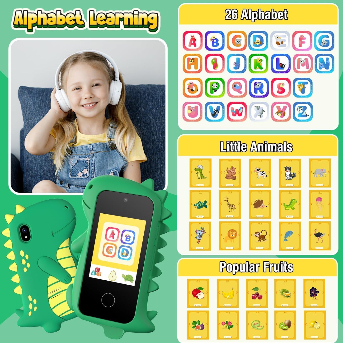 Kids Smart Phone, Birthday Gifts Toys for Boys Ages 3-12 Years Old, Touchscreen HD Dual Camera Cell Phone Dinosaur Toddler Play