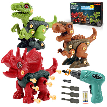FREE TO FLY Dinosaur Toys - 9-Piece STEM Take Apart Dino Set for Kids 3-8, Electric Drill Building Learning Gift, Red