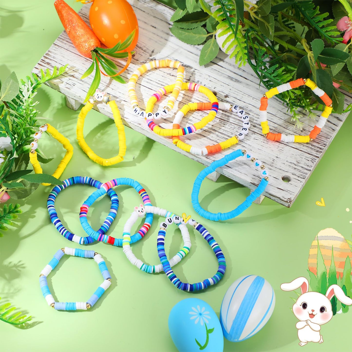 Landical 40 Pcs Happy Easter Bracelets For Women Colorful Stretch Egg Bunny Bracelets Easter Party Supplies
