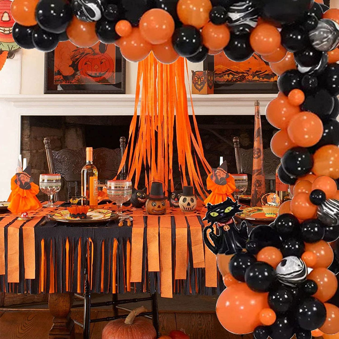 Halloween Balloon Garland Arch Kit, Black Orange Balloon Arch Garland Kit With Foil Cat Pumpkin Balloon And Marble Balloons For Halloween Birthday Anniversary Engagement Graduation Party Decorations