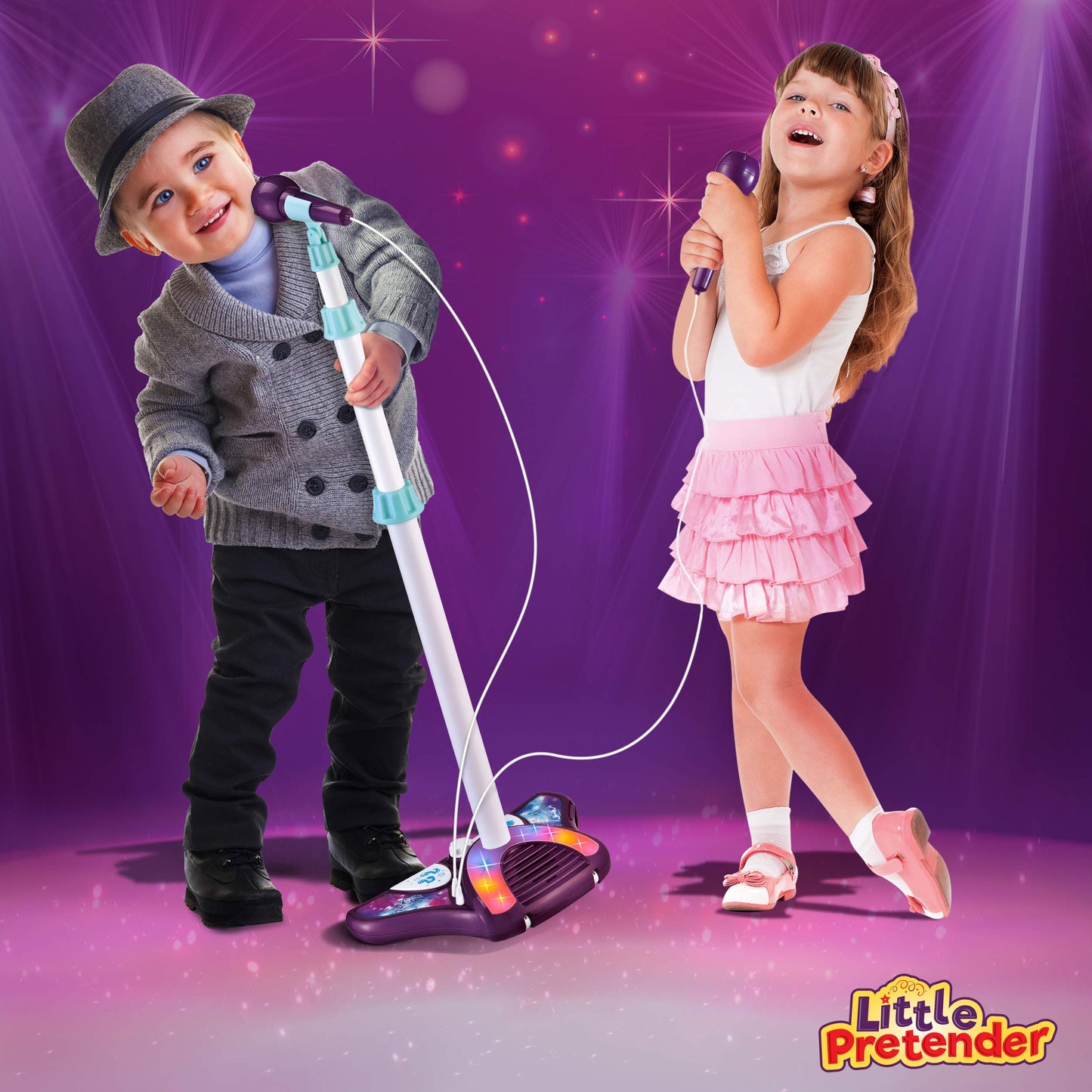 Little Pretender Kids Karaoke Machine With 2 Microphones And Adjustable Stand, Music Sing Along With Flashing Stage Lights And Pedals For Fun Musical Effects