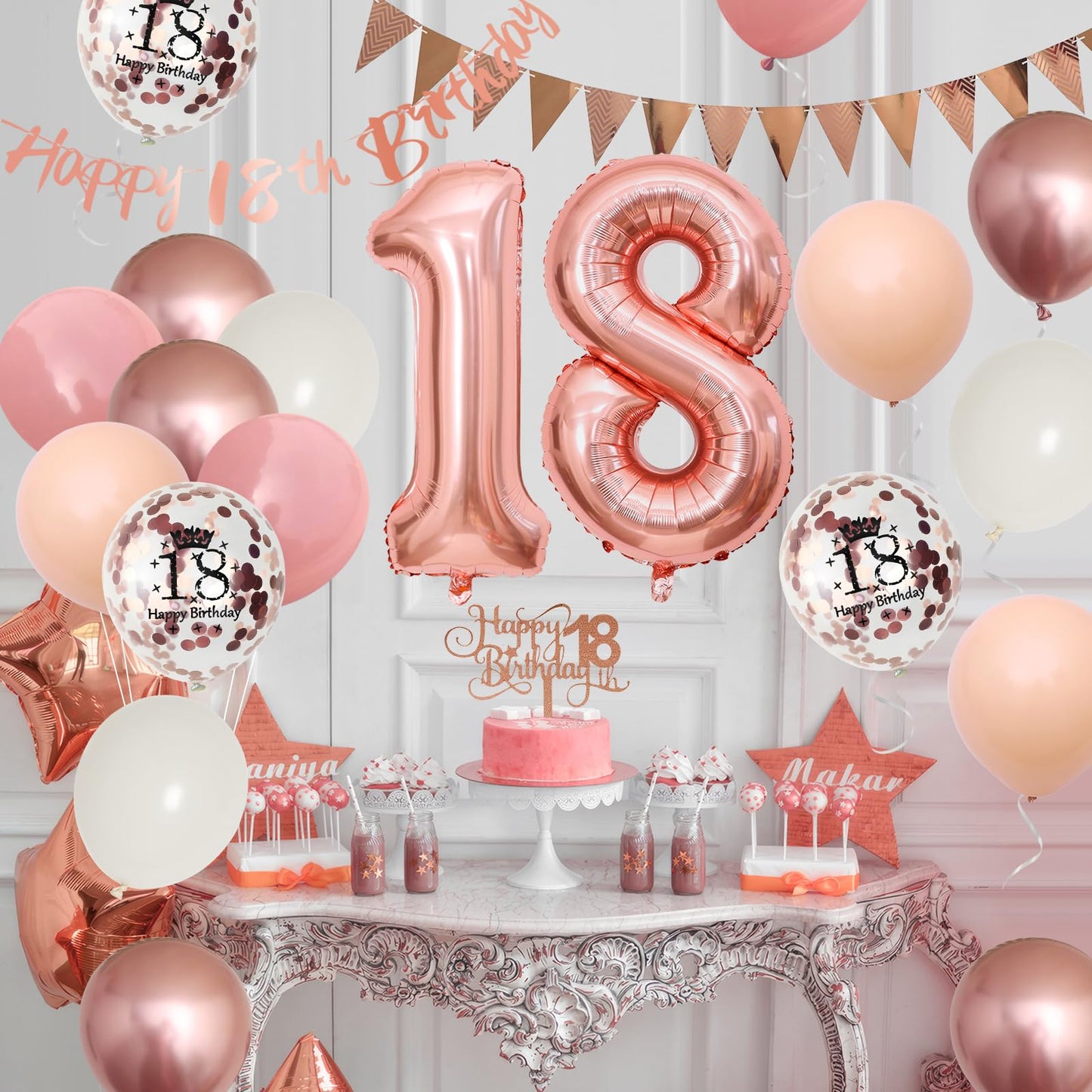 18Th Birthday Decorations Retro Pink Rose Gold,18Th Birthday Balloons,Happy 18Th Birthday Banner With Cake Toppers Number 18 Bal