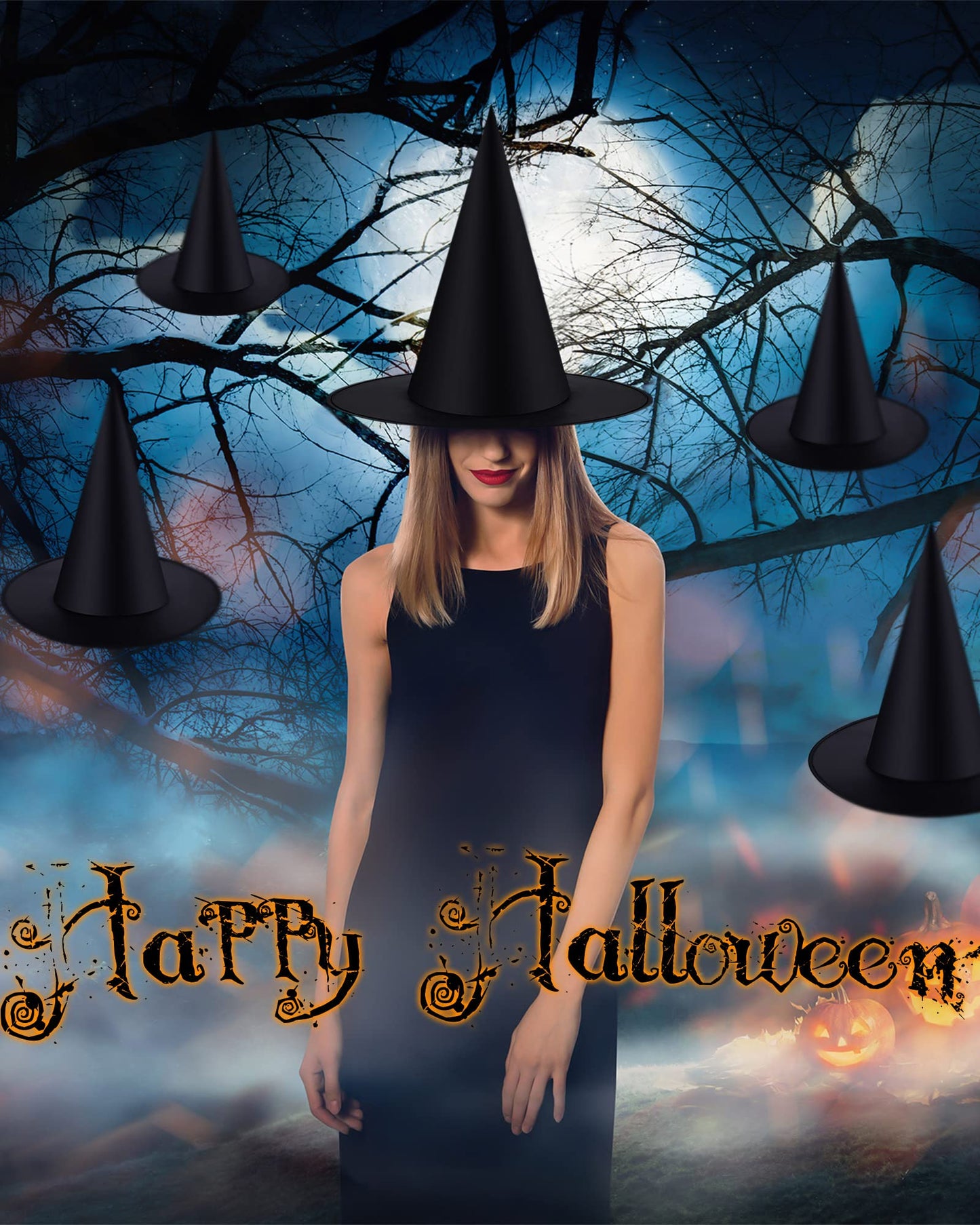 Sumind Halloween Decorations 6 Pcs Hanging Witch Hats With 60 Pcs 3D Bat Spider Stickers, Witch Costume Accessories Floating Witch Hats Halloween Decor(Spider)