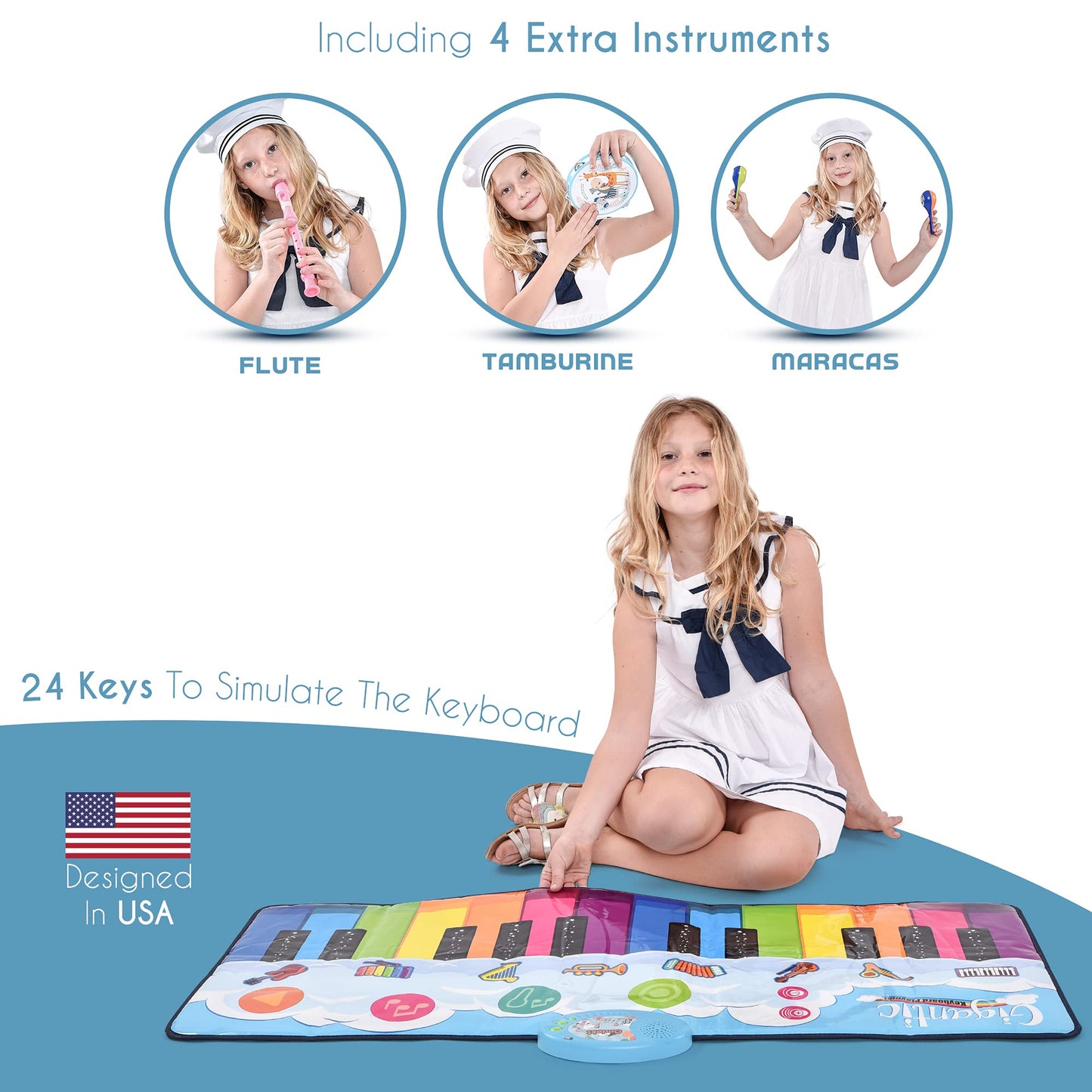 Floor Piano Mat For Kids – Large 4Ft. Portable Play Mat – 24 Keys, 8 Inbuilt Sounds – Completed Set With 2 Maracas, Tambourine, And Flute – Ideal Gift For Ages 3+ – Non-Slip, Compact & Portable - Usa