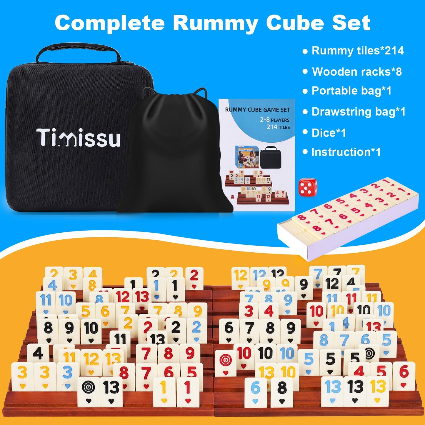 Timissu Rummy Cube 6-8 Players with 8 Wooden Racks 214 Large Number Rummy Tiles Travel Size Rummy Cube Game with Case 8 Players Travel Game Set for Fun Family Board Games