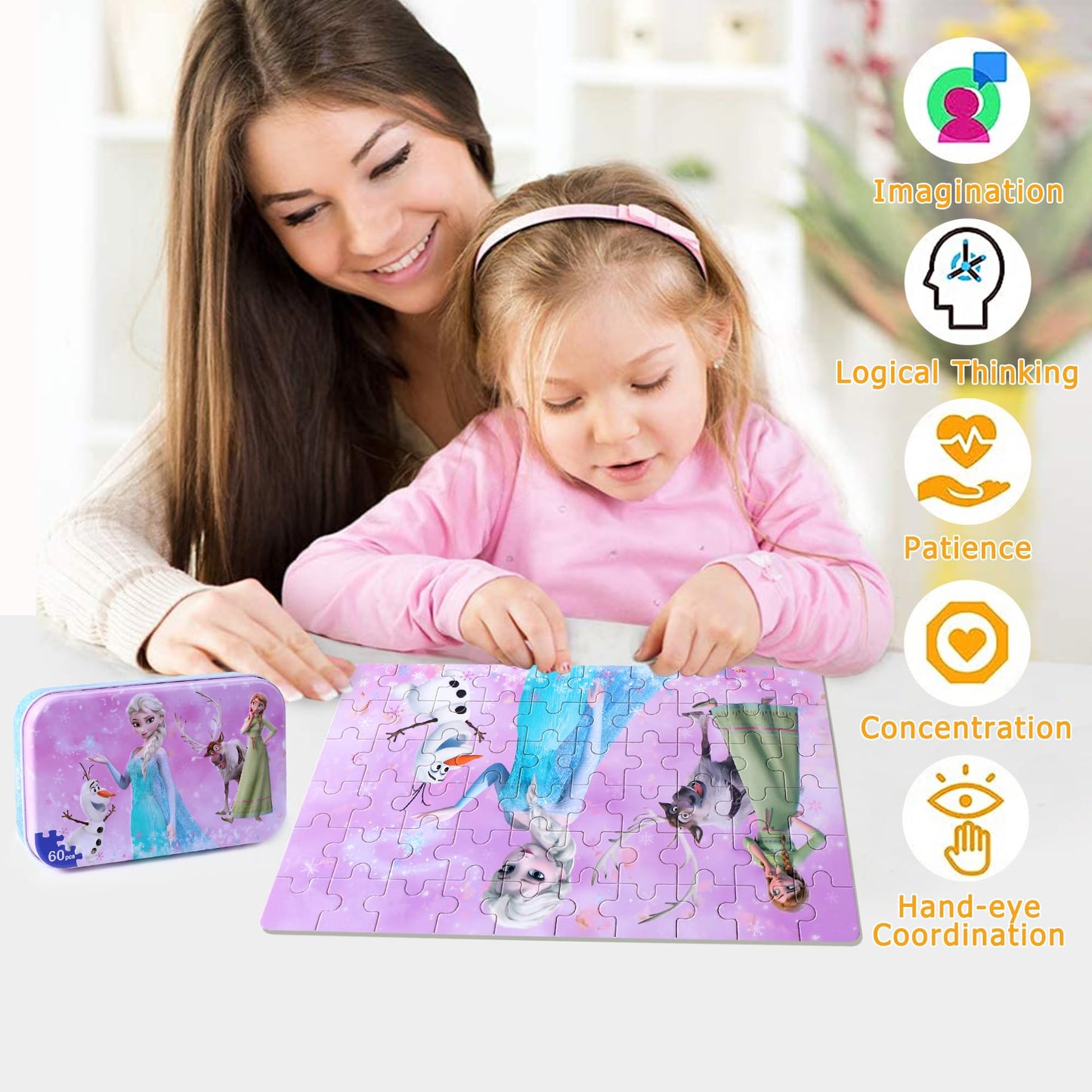 Lelemon Pretty Girl Puzzles For Kids Ages 4-8, 60 Piece Snowman Puzzles For Kids Ages 3-5,Children Jigsaw Puzzles Kids Puzzles In A Metal Box,Educational Learning Puzzle Toys For Girls And Boys
