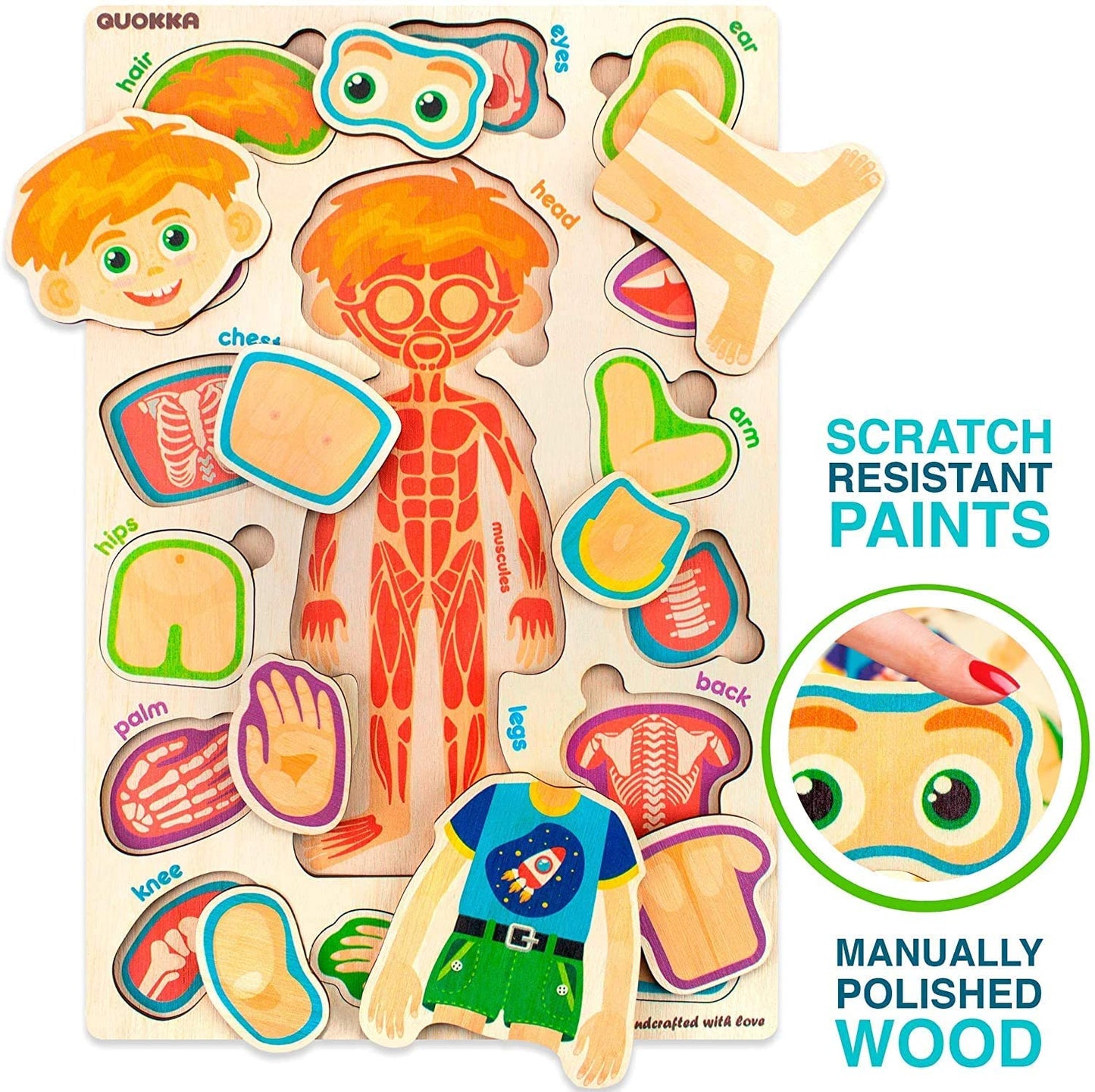 Quokka Wooden Puzzles For Kids – Montessori Puzzles For Toddlers 3-5 – Preschool Game Learning Human Body Parts Anatomy Skeleton – Educational Toys For Boy & Girl