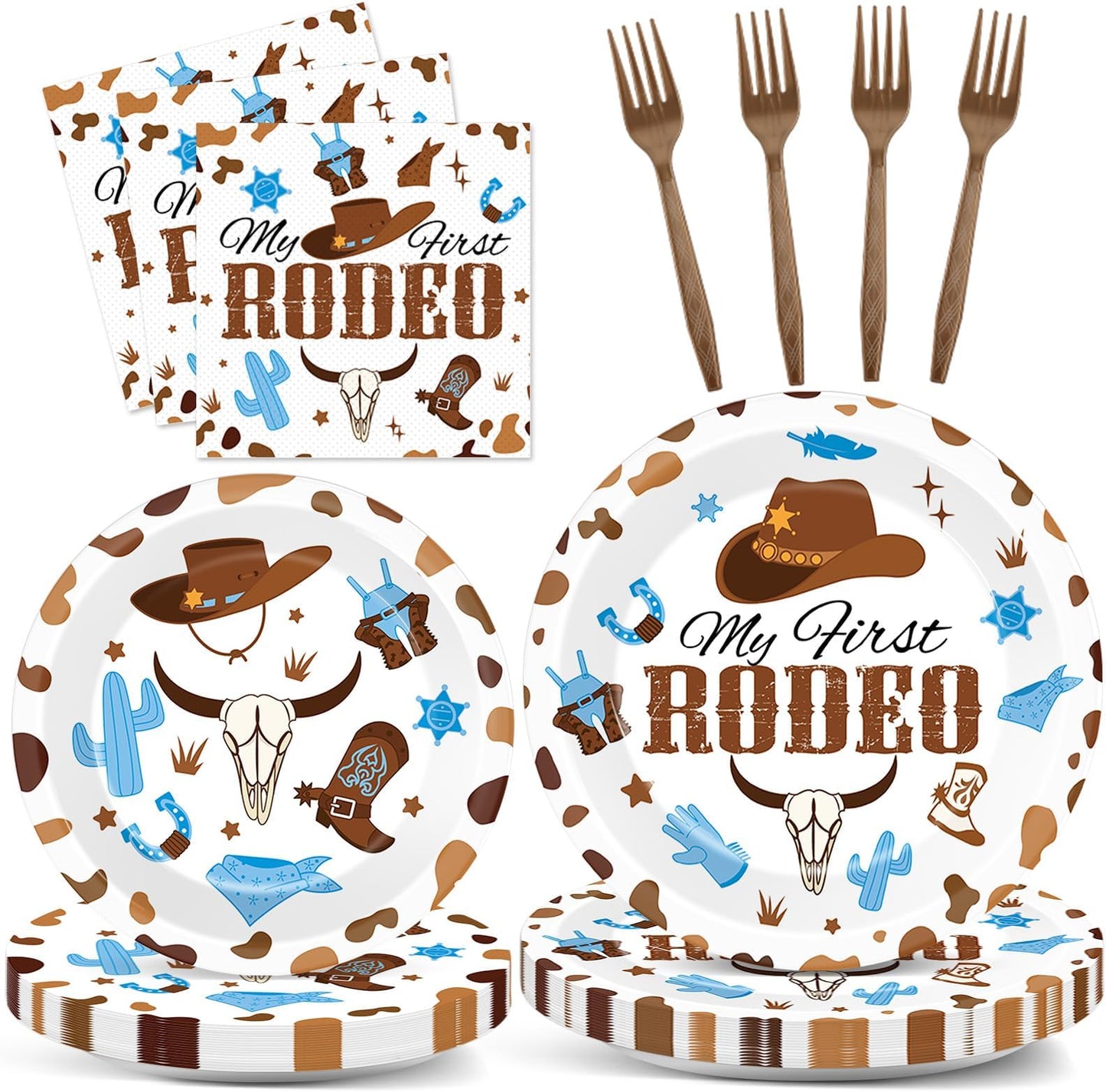 96 Pcs My First Rodeo Birthday Party Supplies Paper Plates Napkins Western Blue Cowboy 1St Rodeo Party Birthday Tableware Set De