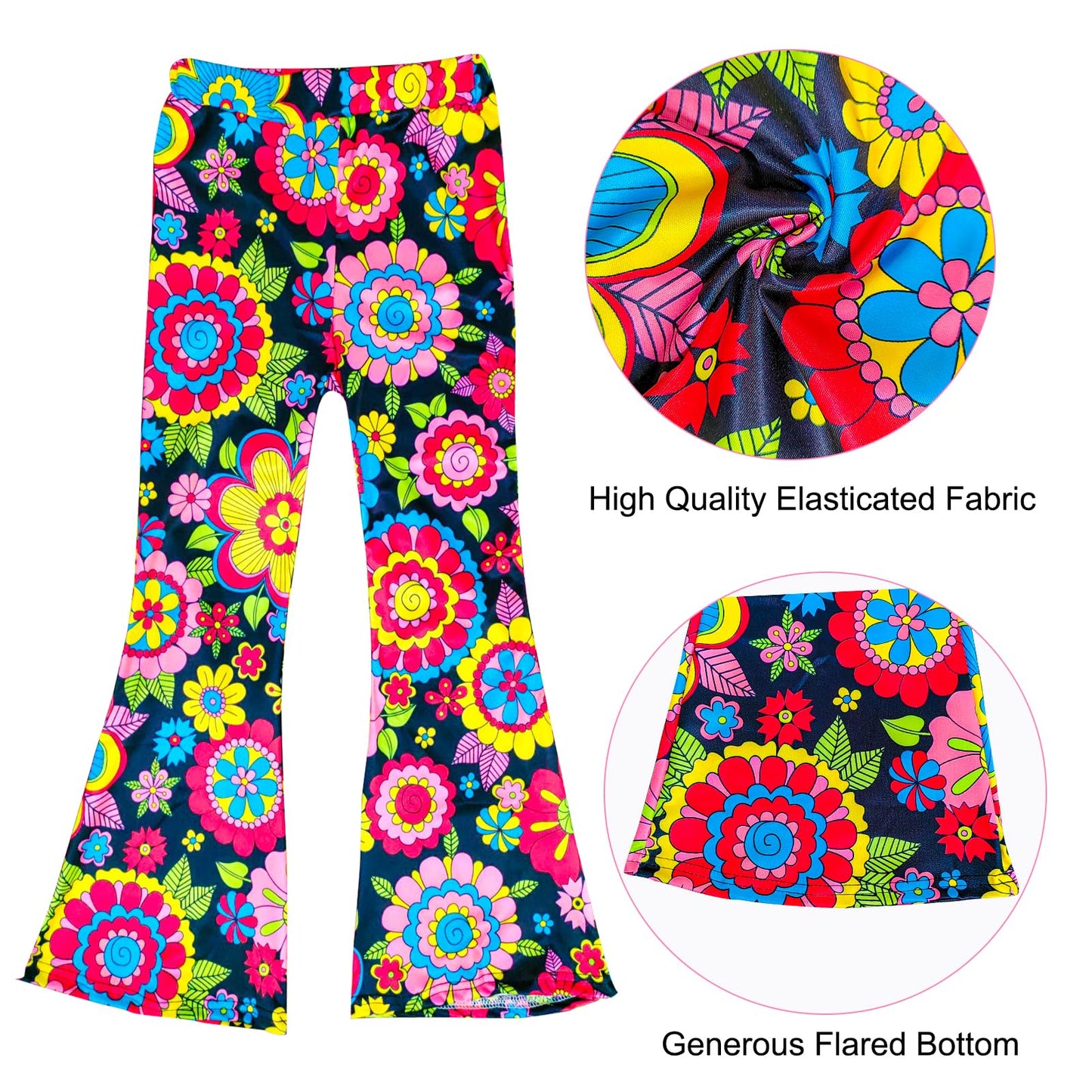 Xonyicos 8 Pcs Girls Kids 60S 70S Hippie Costume Disco Outfits Fringe Vest Boho Bell Bottoms Hippie Outfits Accessories Set (Flo