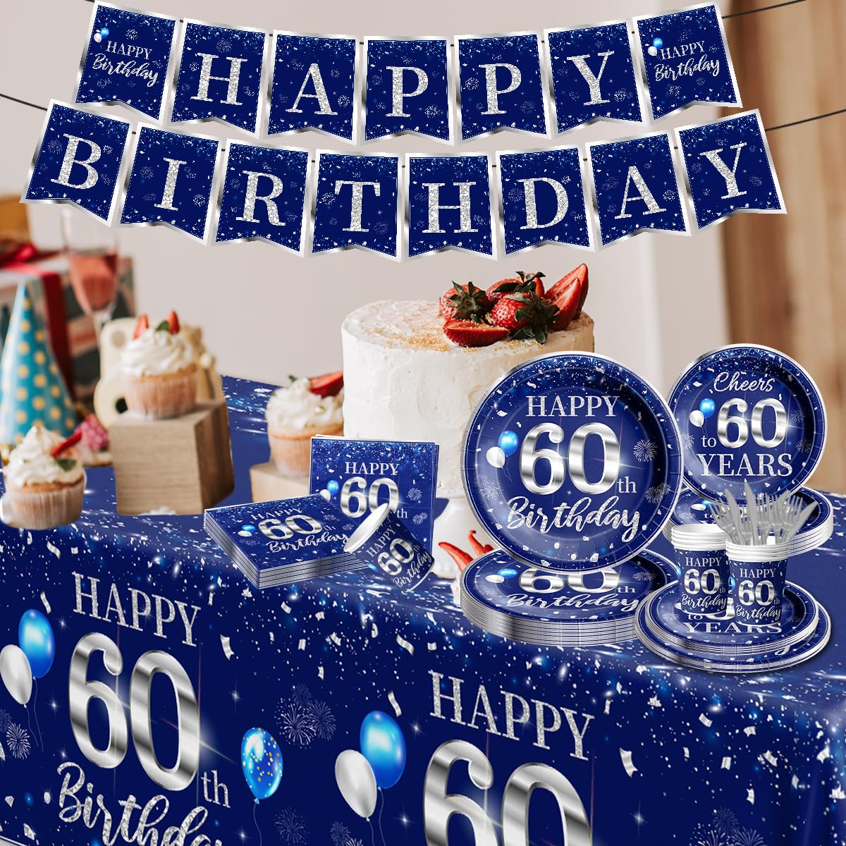 142 Pcs 60Th Birthday Tableware Set Decorations Sliver And Blue 60Th Happy Birthday Party Supplies For Men Women Birthday Tablec