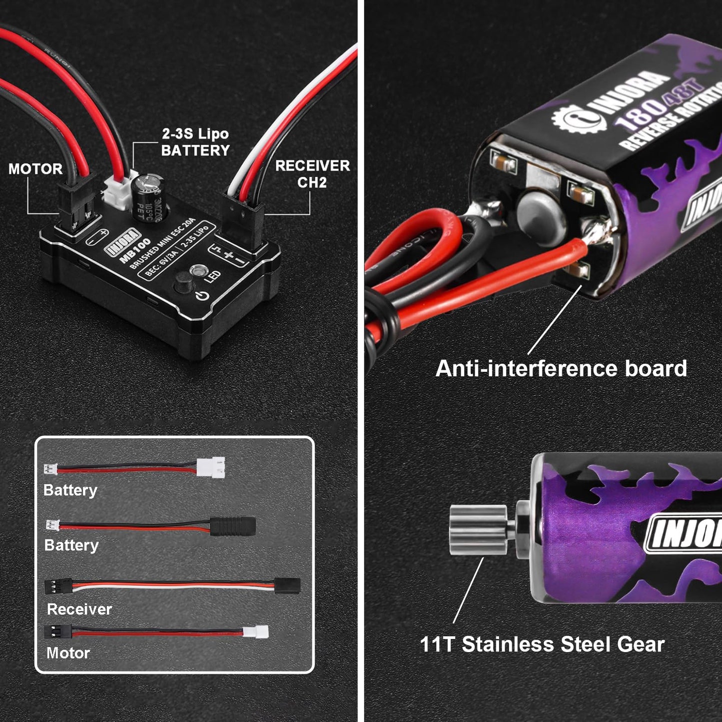 Injora Mb100 20A Brushed Mini Esc With 180 Motor 48T For Trx4M Upgrade 1/18 Rc Crawler