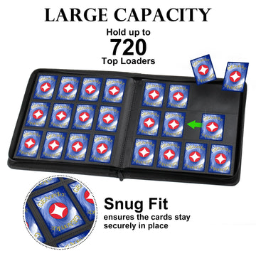 GEAoffice Trading Card Binder 12 Pocket Hold 720 Cards enhanced PU Cover Zipper Collection Binder Ringless Sturdy Side Loading Card Album Folder for YuGiOh MTG TCG Game & Sports Non-PVC Black