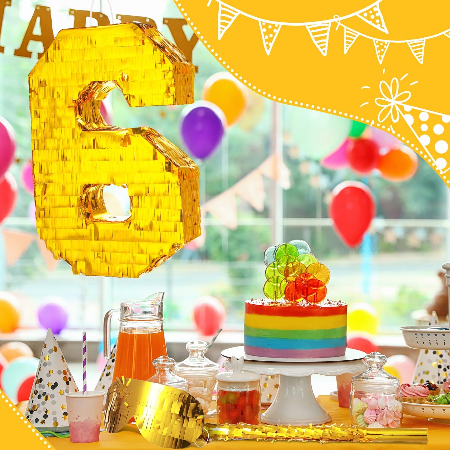 Sratte Number Piñata Birthday Piñata Decorations Gold Foil Piñata With Stick Blindfold Confetti For Boy Girl Birthday Party Decorations Anniversary Celebrations Fiesta Supplies(Number 6)