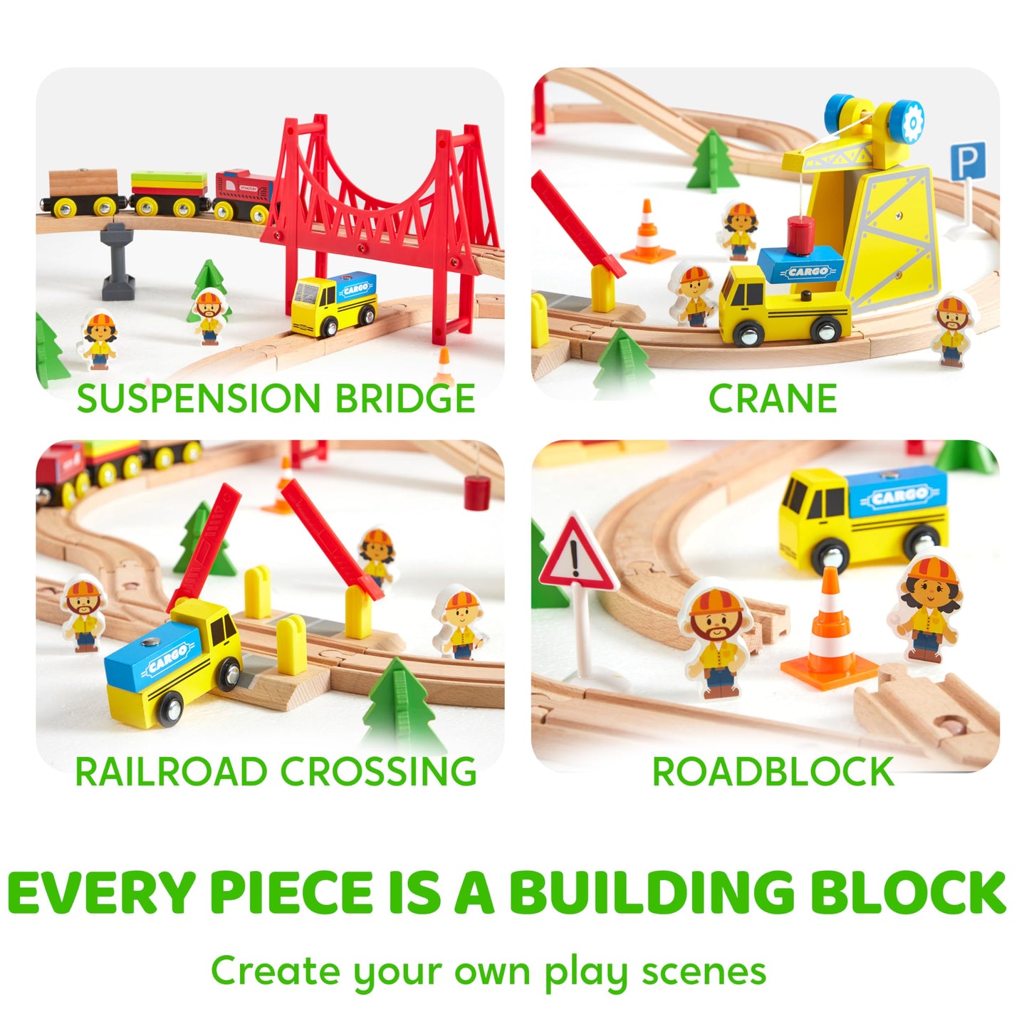60Pcs Montessori Wooden Train Set - Construction Express, Engineering Railway With Magnetic Crane, Trains & Accessories, Perfect