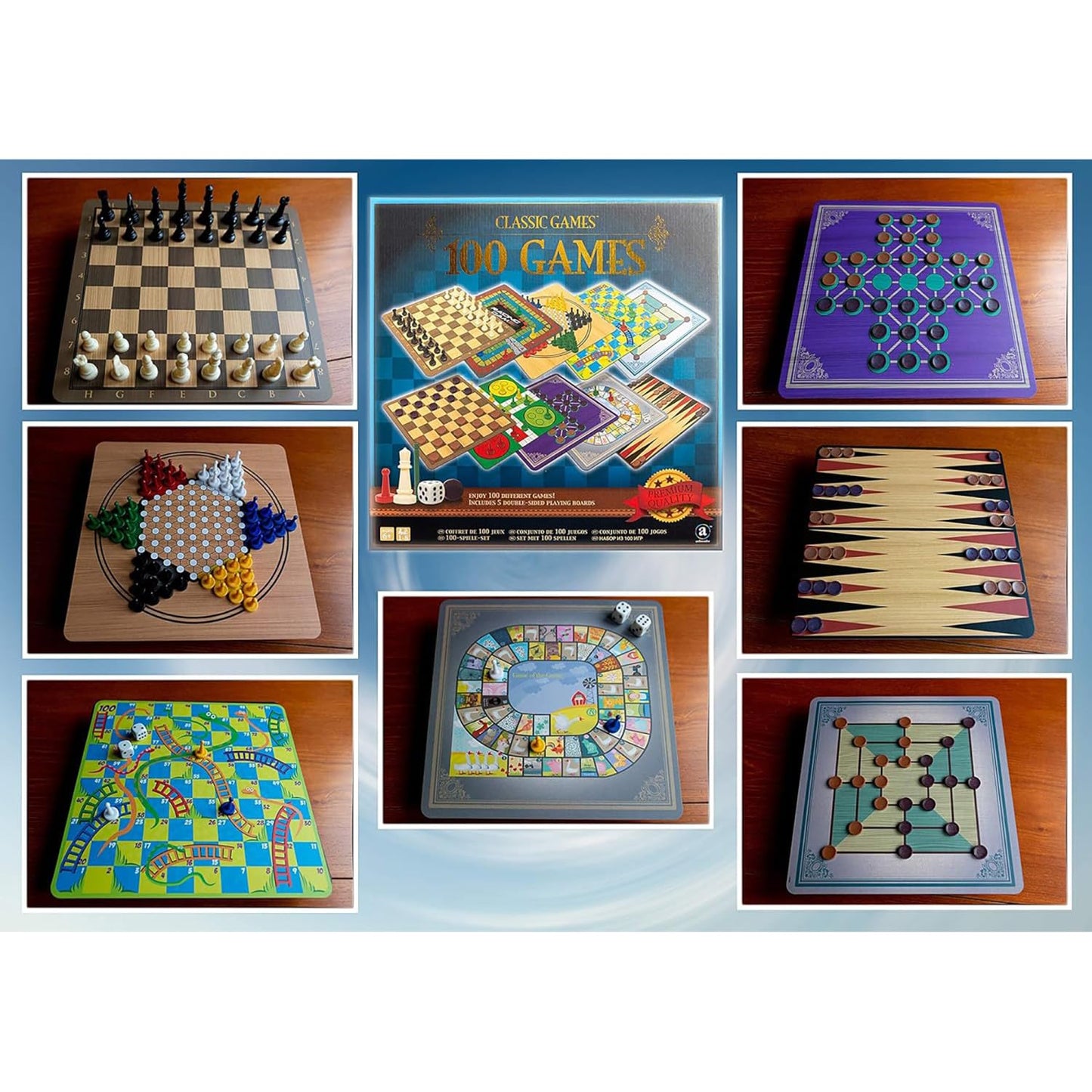 Merchant Ambassador Classic Games Set - 100 Games, 5 Double-Sided Boards, Fun for Ages 3+, Cardstock Material