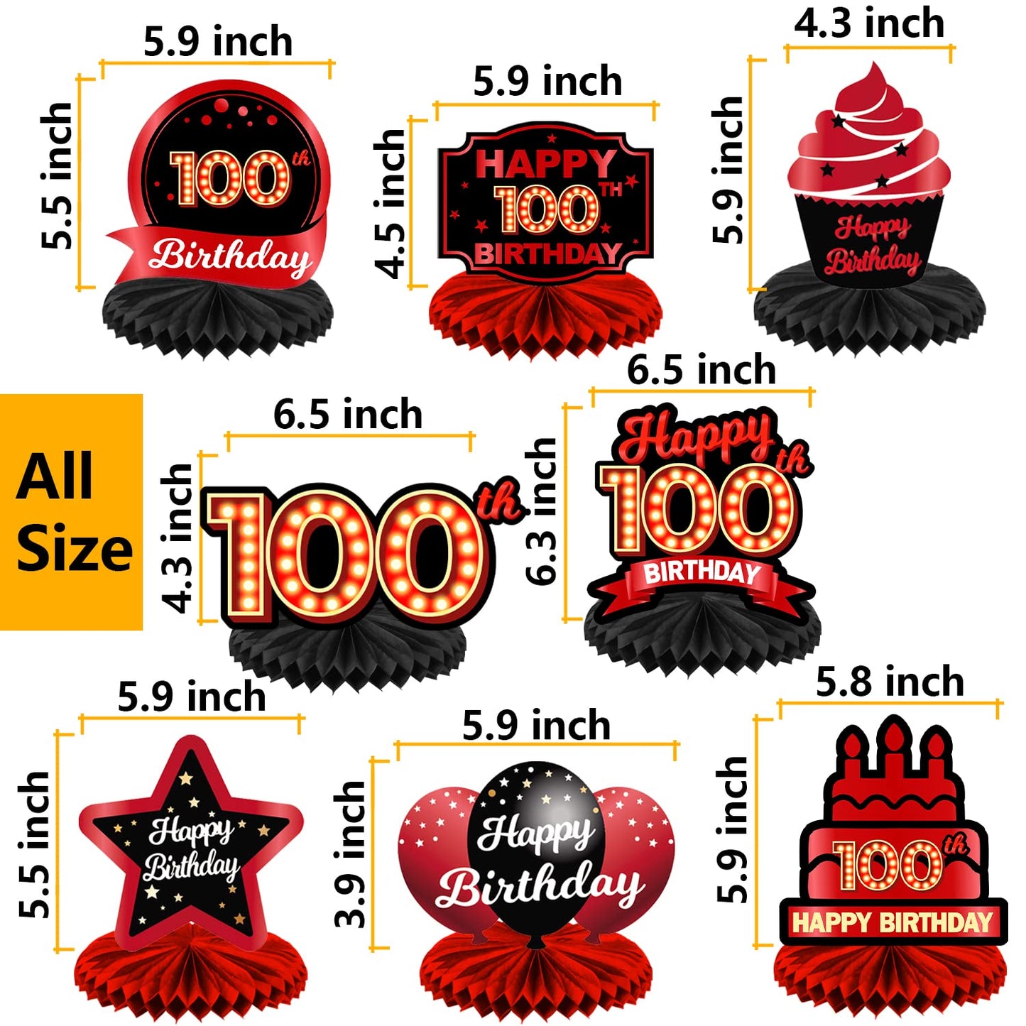 Happy 100Th Birthday Red And Black Table Honeycomb Centerpieces Balloons Theme Decor Table Decorations Table Toppers For Girls Women Princess 100 Years Old Birthday Party Bday Supplies Background Gold