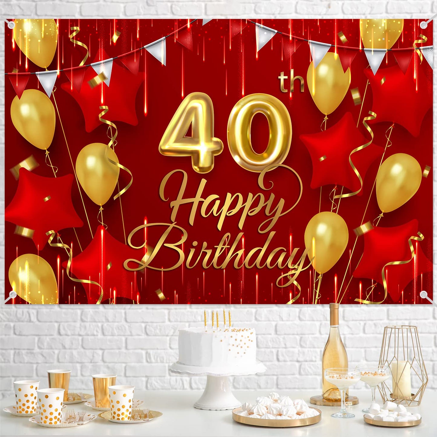 40th Birthday Backdrop Banner Decorations Red and Gold for Women Men Happy 40 Years Old Bday Background Photography Party Decor
