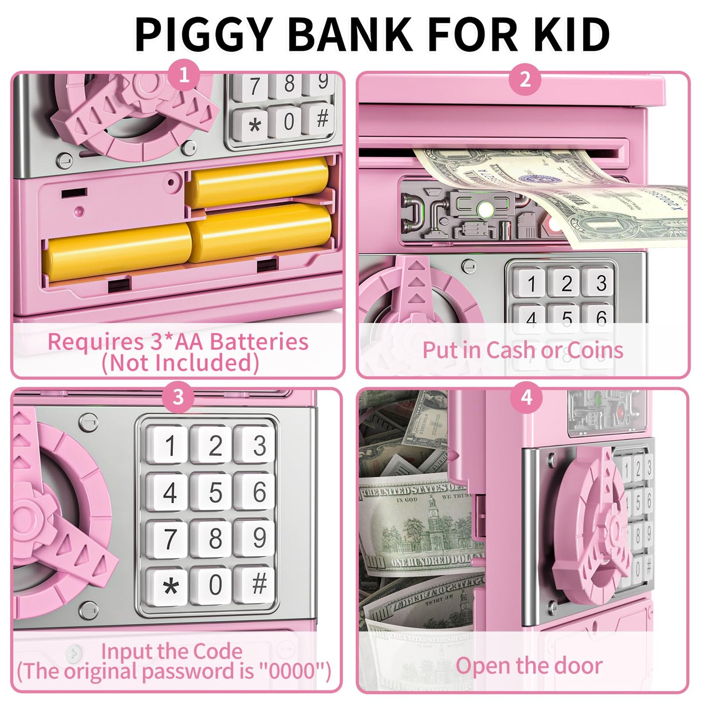 Temi Piggy Bank For Kids, Electronic Coin Money Bank For 3 4 5 6 7 8 9 10 Year Old Girls Gifts, Cash Coin Can Atm Bank For Kids 5-7, Christmas Birthday Gifts (Pink)