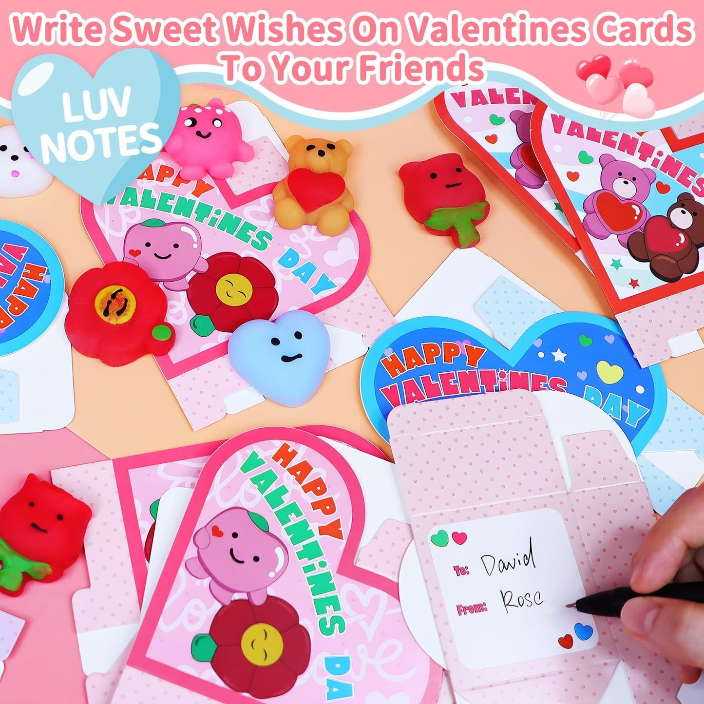 Amenon 28 Pack Valentines Mochi Squishy Toys With Unique Gift Boxes Greeting Cards, Valentines Gifts For Kids Classroom School E
