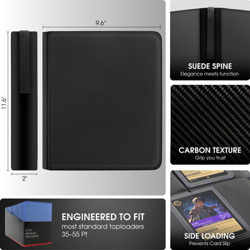 FORZAROCKET 4-Pocket Small Binder for Toploaders - Holds 128 Top Loaders Ringless Waterproof PU Leather for Sports & Trading Cards (Carbon Black)