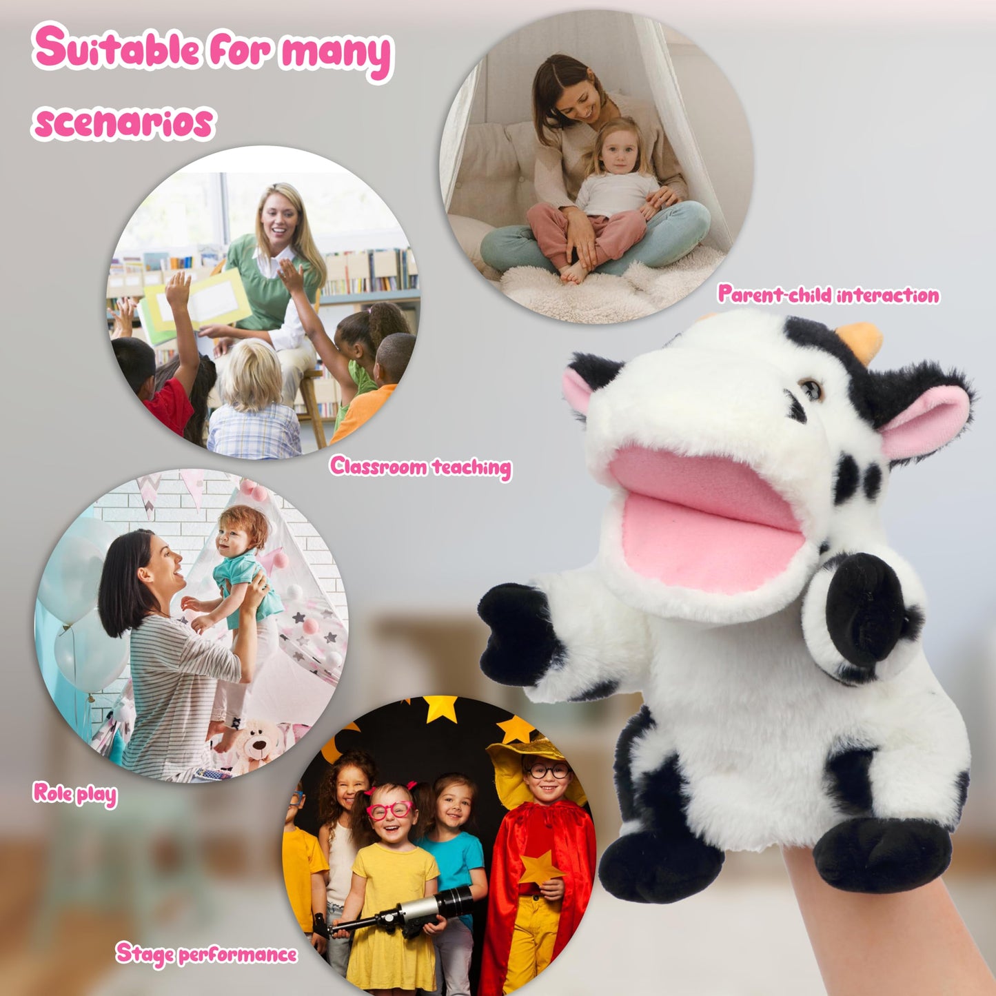 Easfan Cow Hand Puppet With Movable Mouth Interactive Storytelling Cute Soft Cow Plush Toy Creativity And Imagination Christmas