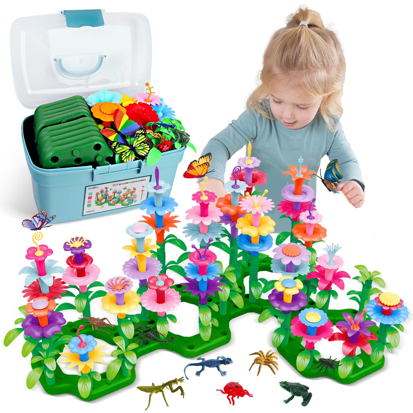 Leetous Birthday Toys Gifts For 2 3 4 5 6 Years Old Toddlers Girls Boys (156Pcs),Insect Flower Garden Building-Educational Prete