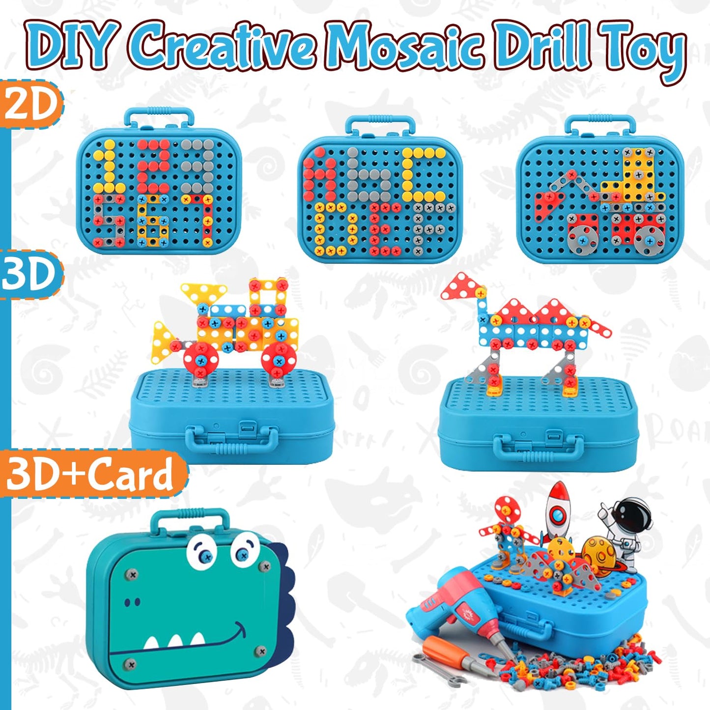 AquaArcc Design and Drill Toy for Boys Age 4-8, 351pc Kids Dinosaur Toy Electric Drill with Toolbox for Boys 4 5 6 7 8 Years Old