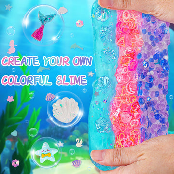3 x 100mL Ocean Slime Kit for Girls & Boys: Mermaid Bead, Pink Crunchy & Blue Clear Slime, Sensory Experience DIY Slimes Set, Sl
