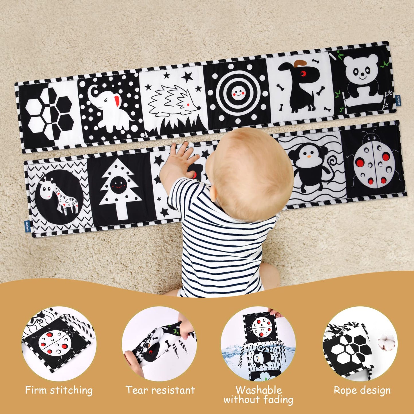 Vicloon Black And White Books High Contrast Baby Toys, 0-6 6-12 Months Soft Baby Book,Infant Tummy Time Toys,Baby Cloth Activity Crinkle Folding Educational Activity Cloth Book Suitable For Boys Girls