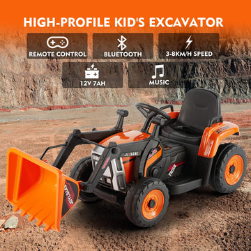 Joyldias 12V Ride On Excavator With 2.4Ghz Remote Control, Electric Construction Vehicle Bulldozer For Kids Digger With 3 Speeds, Bluetooth, Microphone Jack, Music, Lights, Orange