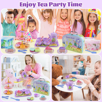 Motiloo 41 Pcs Dinosaurs Kids Tea Party Set with Carrying Case & Sweet Treats Playset - Pretend Toy Tin Tea Set for Little Girls