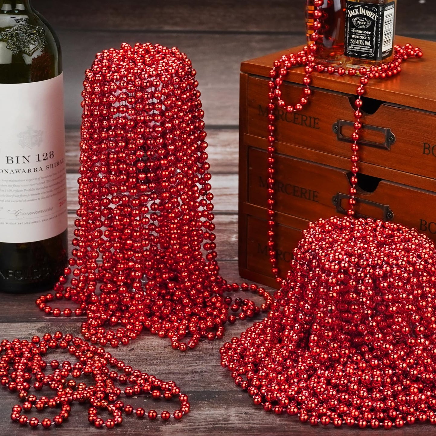 ZYFLSQ 100 Pcs 33'' 7mm Metallic Red Beads Necklaces, Bulk Mardi Gras Beaded Necklaces, Party Beads Costume Necklaces