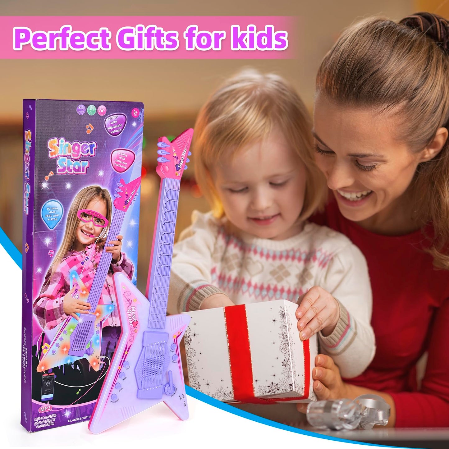 Guitar And Microphone Play Set For Girls,Kids Music Toys,Karaoke Machine With Music&Light,Music Instruments For Toddlers,Educati