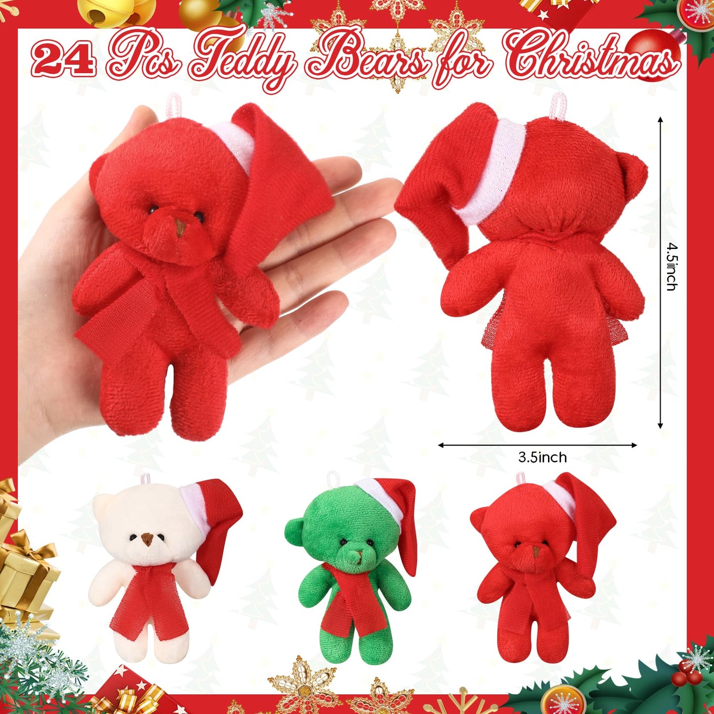 Blueweenly 24 Pcs Christmas Small Stuffed Bear 4.5 Inch Mini Plush Bear Stuffed Animal Keychains With Hat And Scarf For Christma